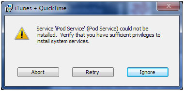 Service 'iPod Service' iPod Service could not be installed. Verify that you have sufficient privileges to install system services.