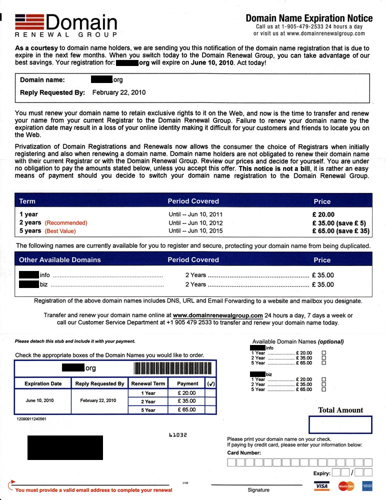 The Domain Renewal Group's bill-like letter The Domain Renewal Group's bill-like letter