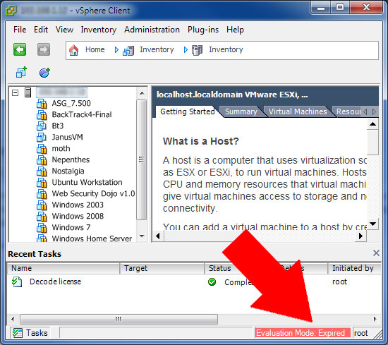 vSphere Client showing expired license vSphere Client showing expired license