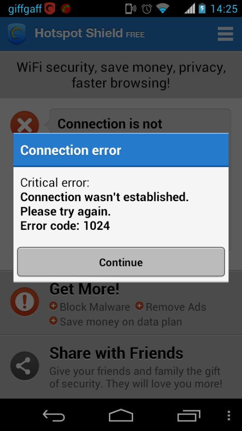 Screenshot showing connection error on phone