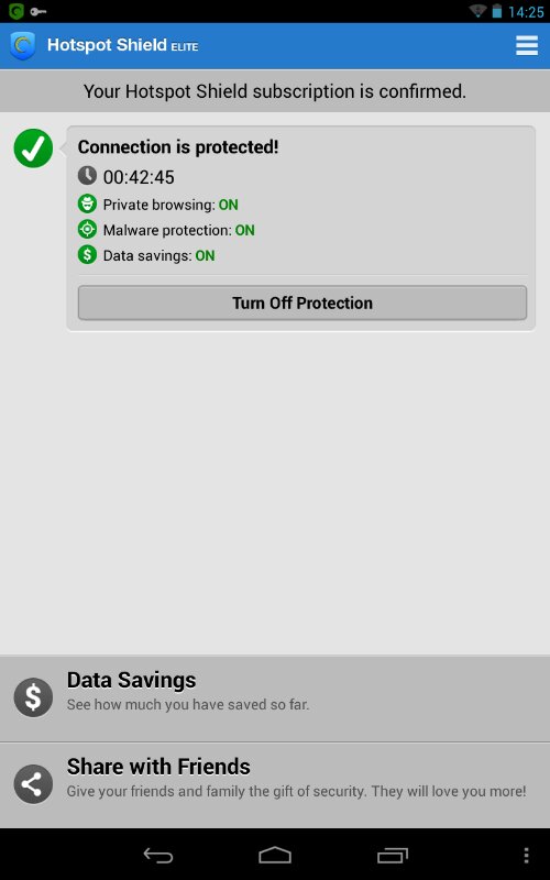 Main screen showing successful connection to the VPN
